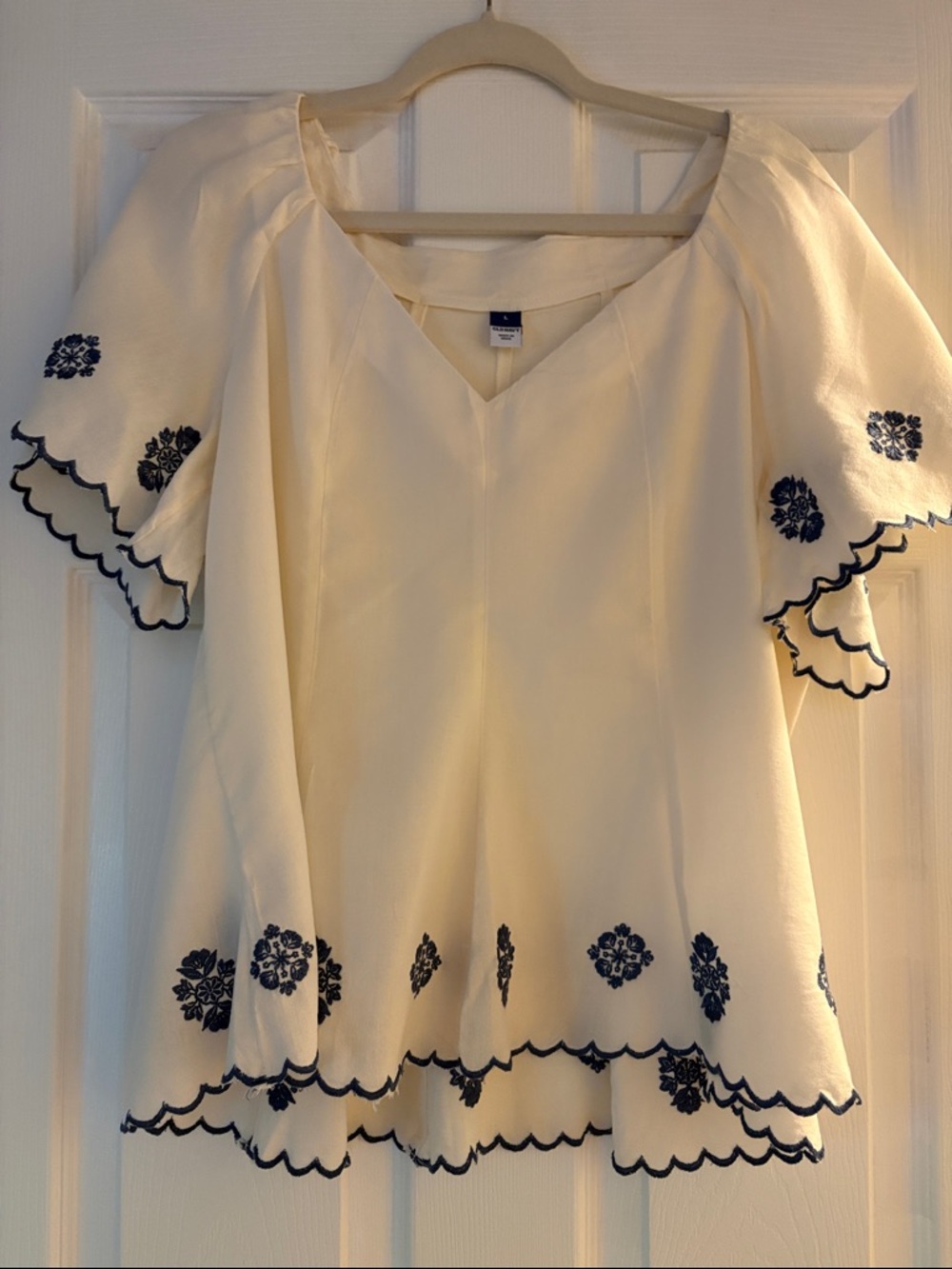 Old Navy Cream Blouse with Navy Floral Embroidery